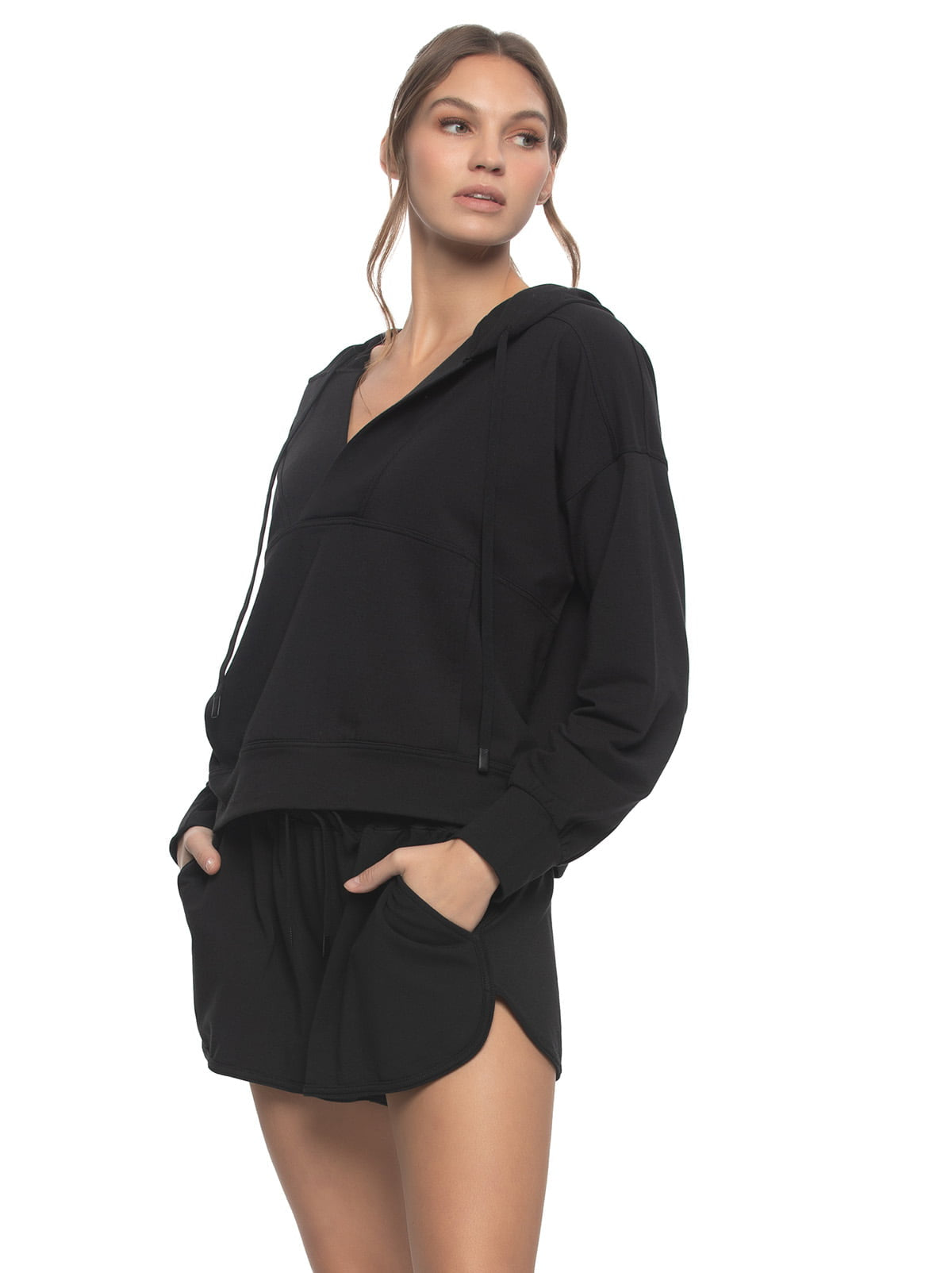 Kimora V-Neck Hoodie Sweatshirt & Shorts Set - Black | Felina Sale