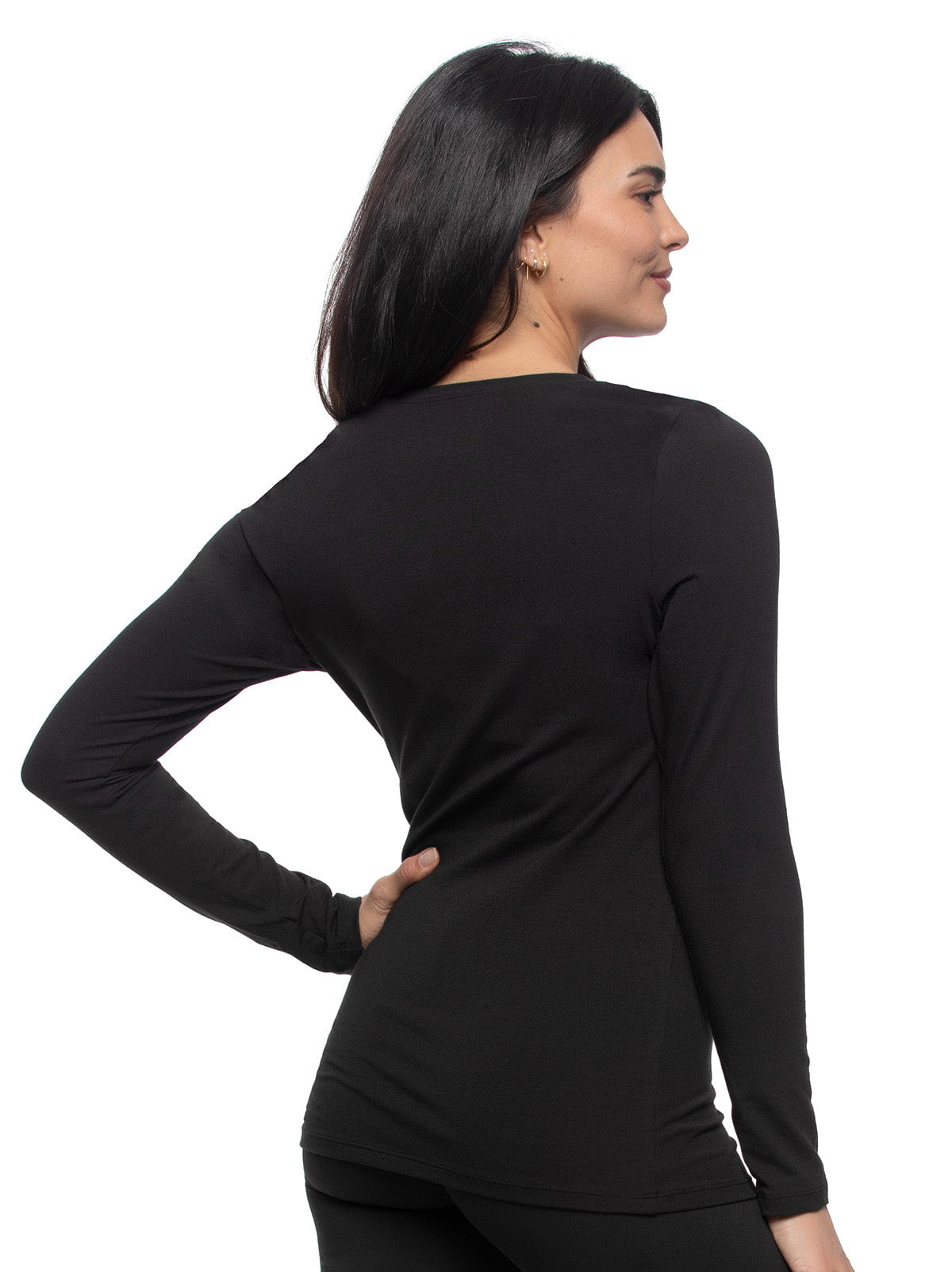 Cotton Modal Stretch Long Sleeve Crew Neck Tee - Black | Felina Loungewear