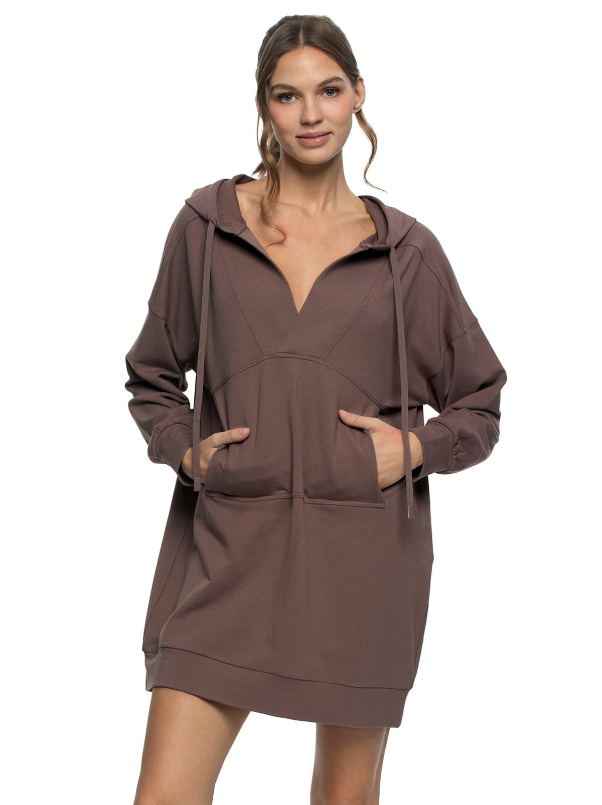 Kimora V-Neck Hoodie Sweatshirt Dress - Deep Taupe | Felina Sale
