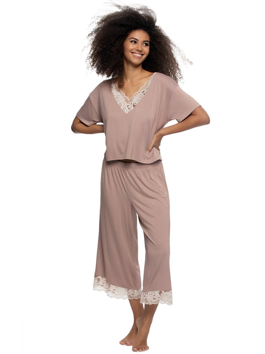 Amelie Vintage Lace Cropped Tee and Pant Set - Dried Petal | Felina Sale