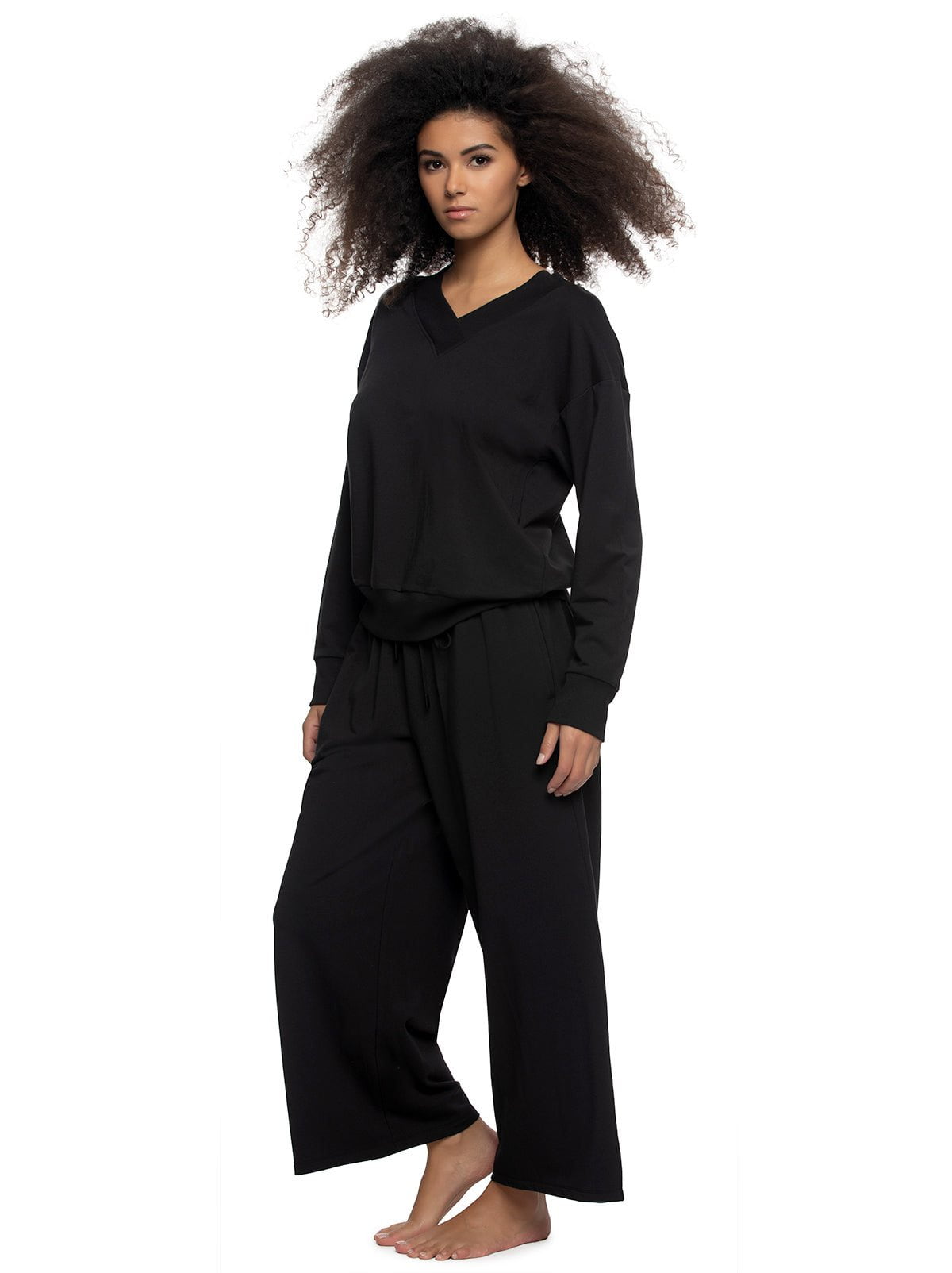 Kimora V-Neck Sweatshirt & Wide Leg Pant - Black | Felina Sale