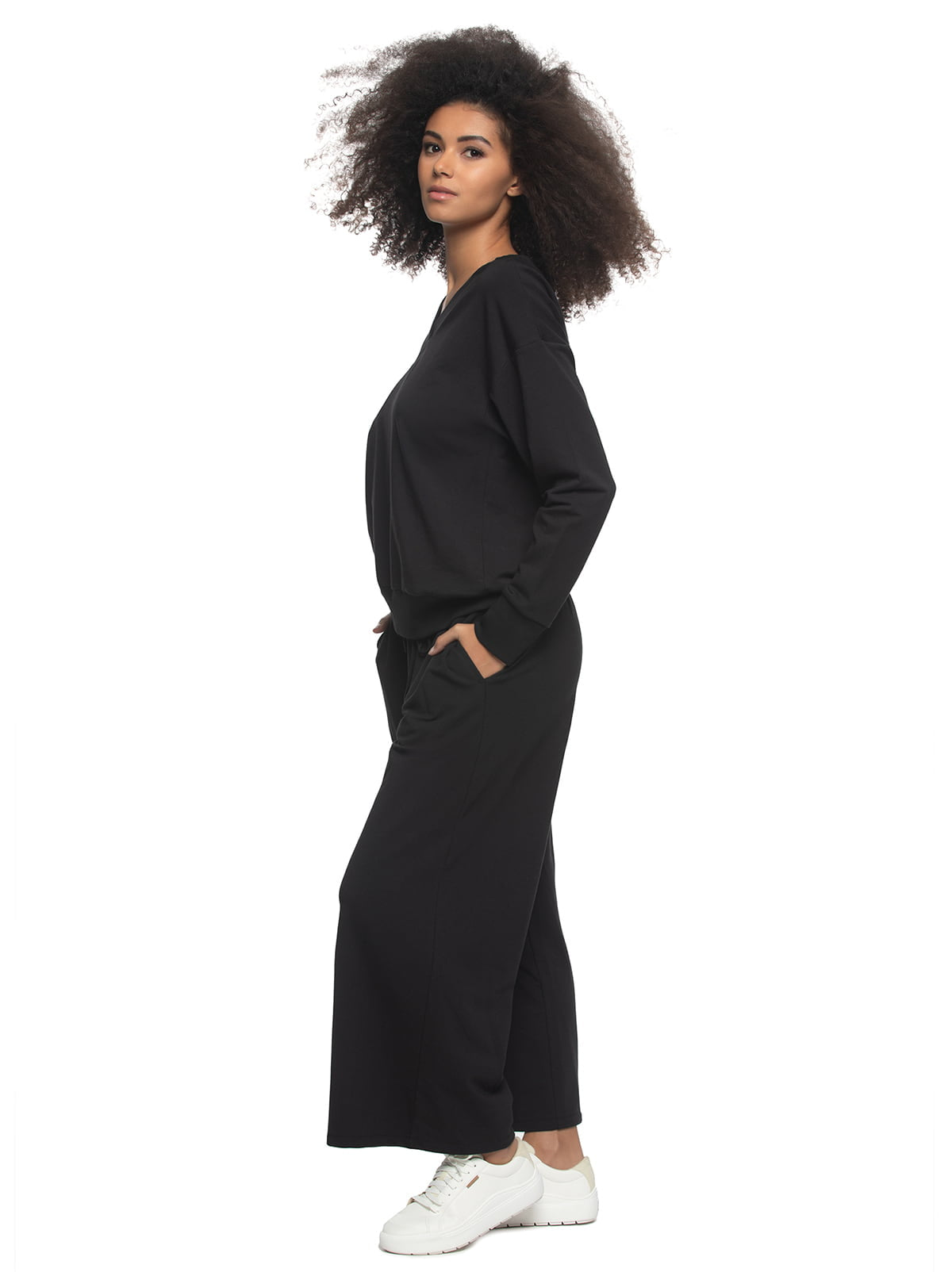 Kimora V-Neck Sweatshirt & Wide Leg Pant - Black | Felina Sale