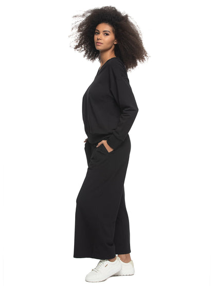 Kimora V-Neck Sweatshirt & Wide Leg Pant - Black | Felina Sale