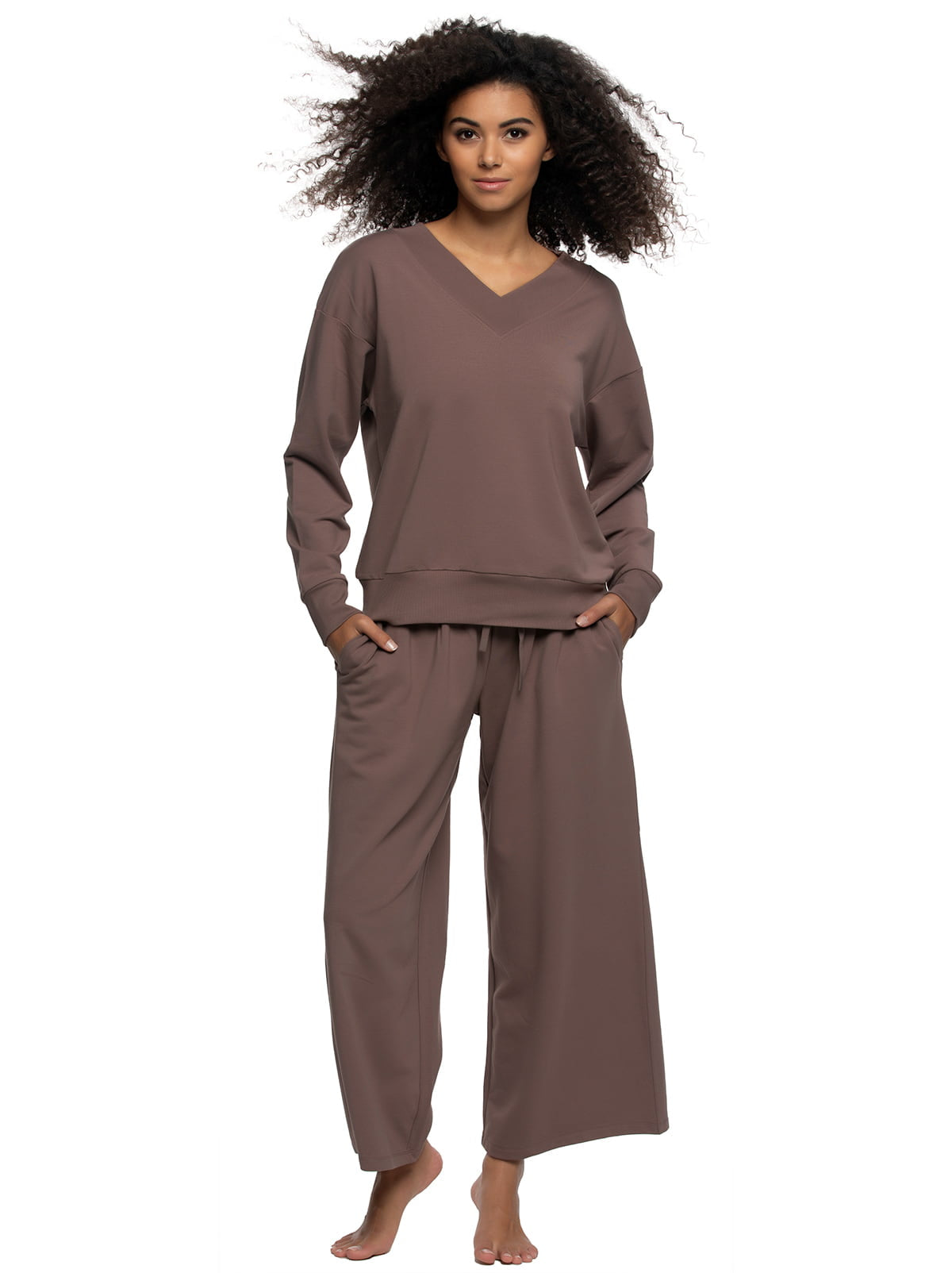 Kimora V-Neck Sweatshirt & Wide Leg Pant - Black | Felina Sale