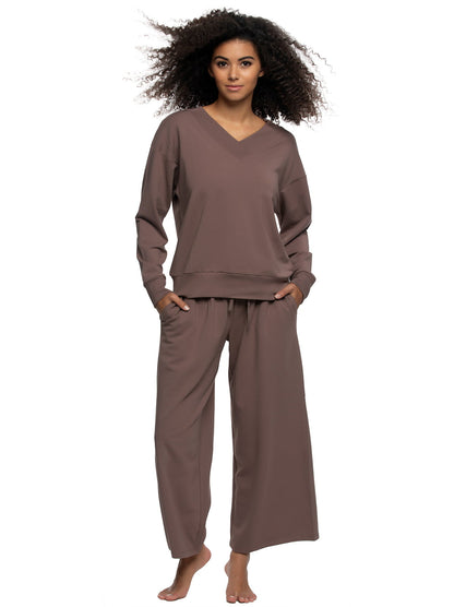 Kimora V-Neck Sweatshirt & Wide Leg Pant - Black | Felina Sale