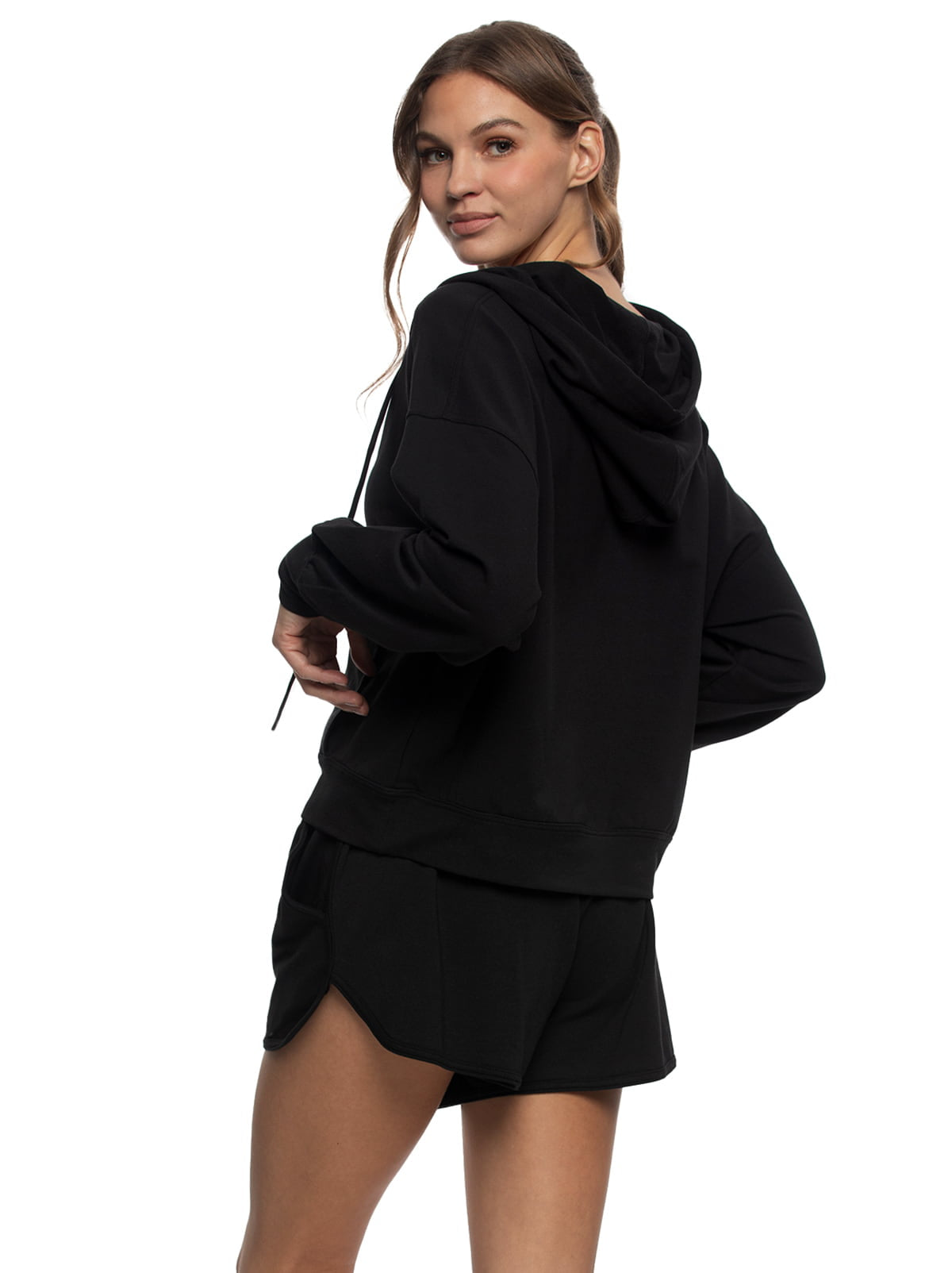 Kimora V-Neck Hoodie Sweatshirt & Shorts Set - Black | Felina Sale