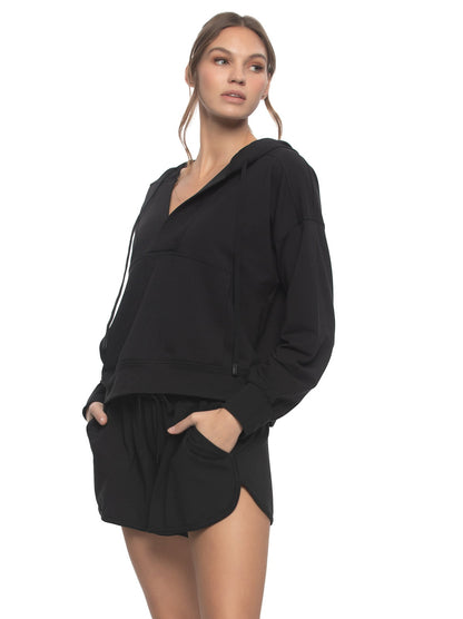 Kimora V-Neck Hoodie Sweatshirt & Shorts Set - Black | Felina Sale