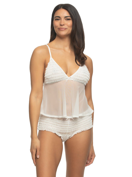 Jezebel by Felina Veil Ruffle Cami & Rumba Panty Set - Cloud Dancer | Felina Sale|Sleepwear