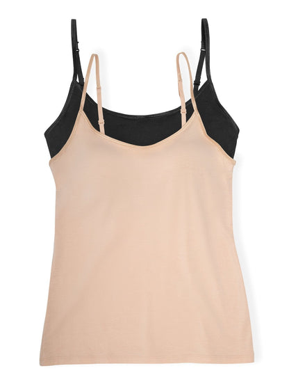 So Smooth Modal Cami  Top w/ Built In Shelf Bra 2-Pack - Black Warm Neutral | Felina Loungewear
